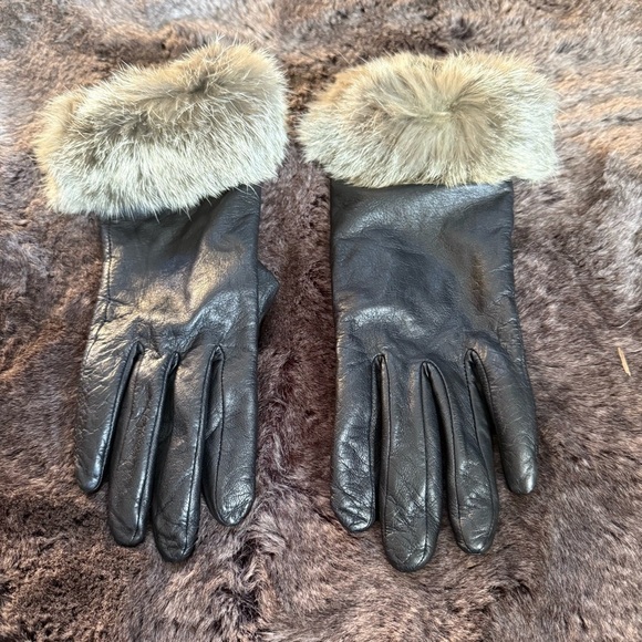 Willi Smith Genuine Black Leather Rabbit Fur Cuff Lined Gloves size Large - Picture 1 of 7